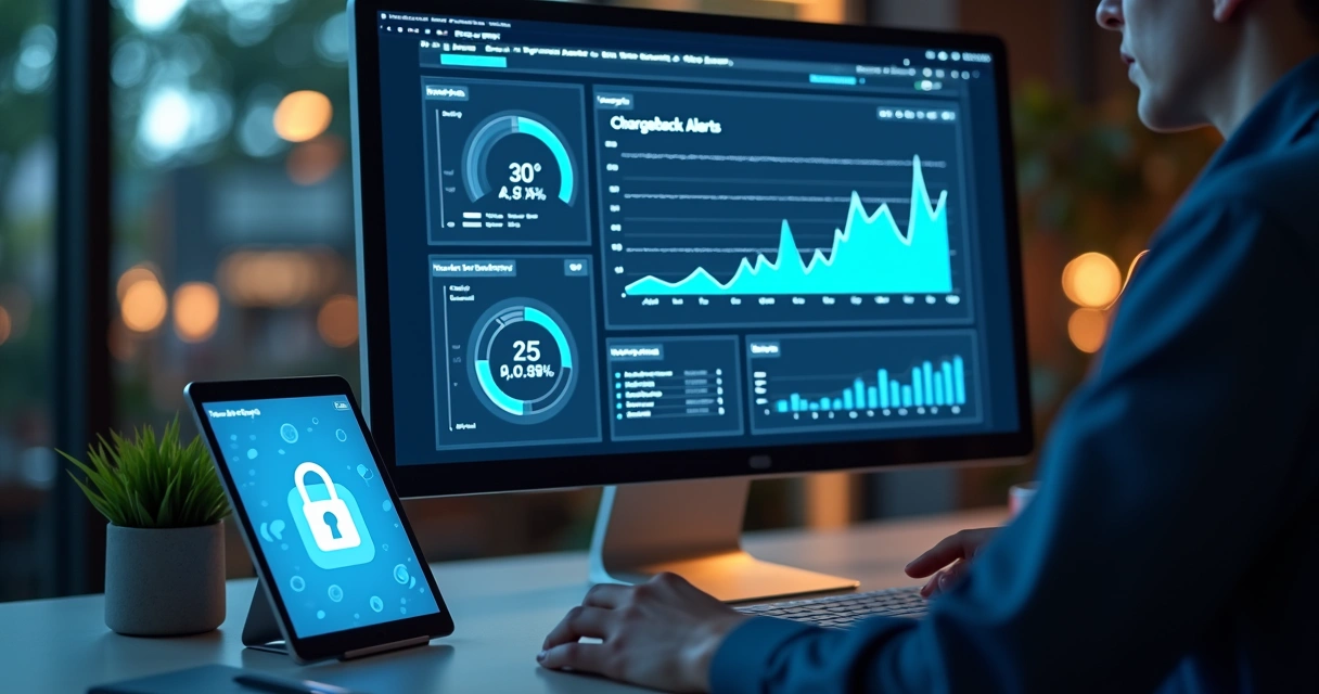 Pessoa visualizando dashboard de antifraude em e-commerce com gráficos e indicadores 