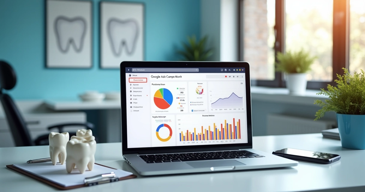 Dashboard com métricas de campanhas Google Ads em clínica odontológica