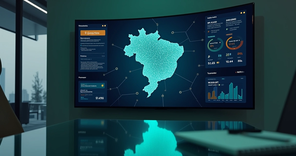 Dashboard visual de API fiscal com mapa do Brasil e ícones de notas eletrônicas 