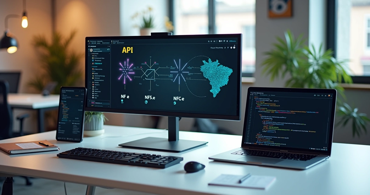Painel digital exibindo integração de API de nota fiscal em múltiplos dispositivos 