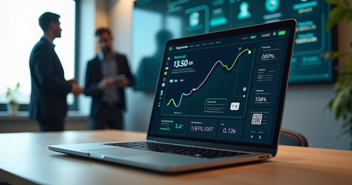 Painel de API de pagamento em laptop com gráficos e ícones de Pix, cartão e boleto 