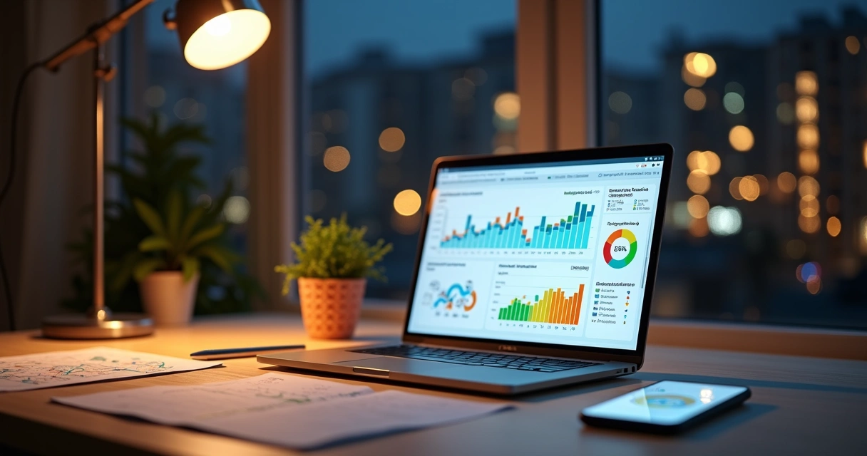 Painel de indicadores em laptop mostrando apoio em base eleitoral 