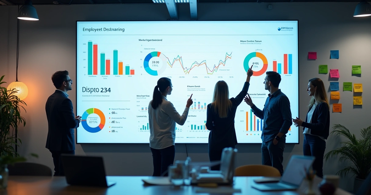 Painel digital exibindo gráficos de desempenho de aprendizado, com foco em equipes de empresa. 