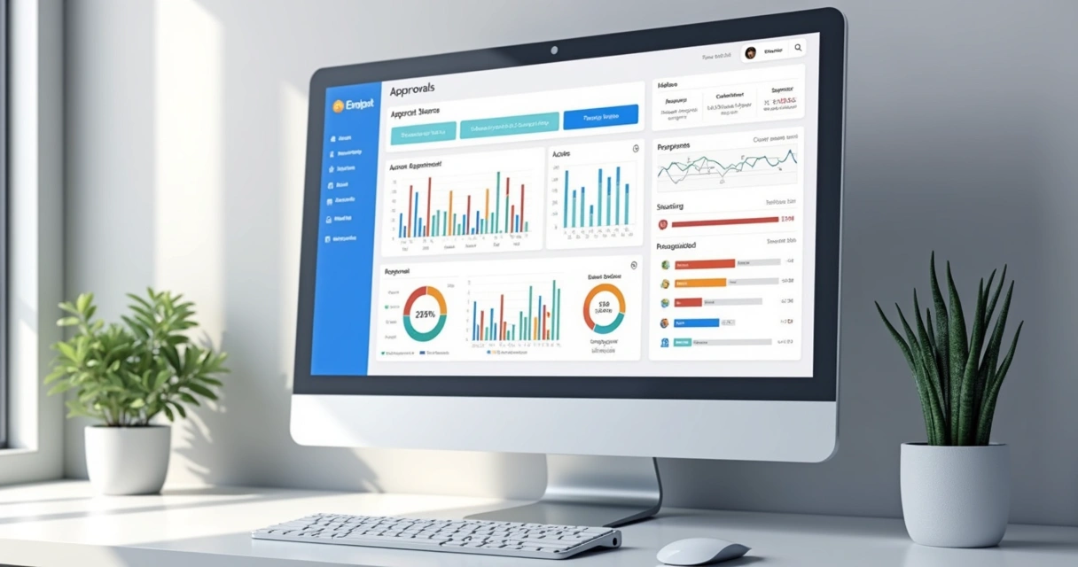 Dashboard colorido mostrando etapas da aprovação financeira. 