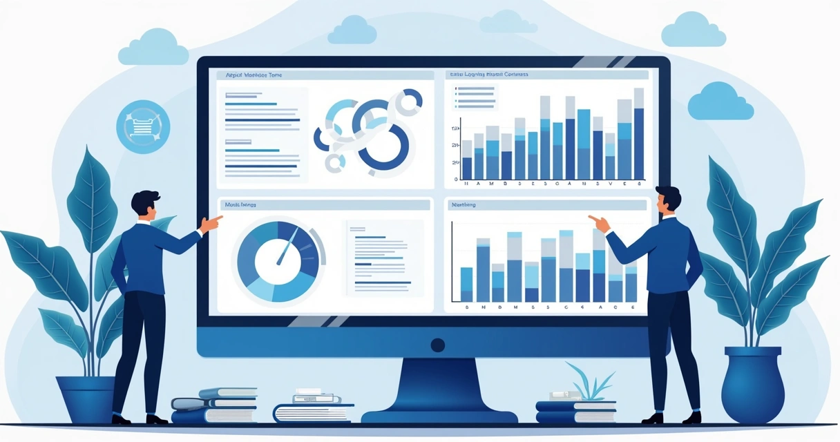 Dashboard de assistência técnica em monitor amplo com profissionais ao redor