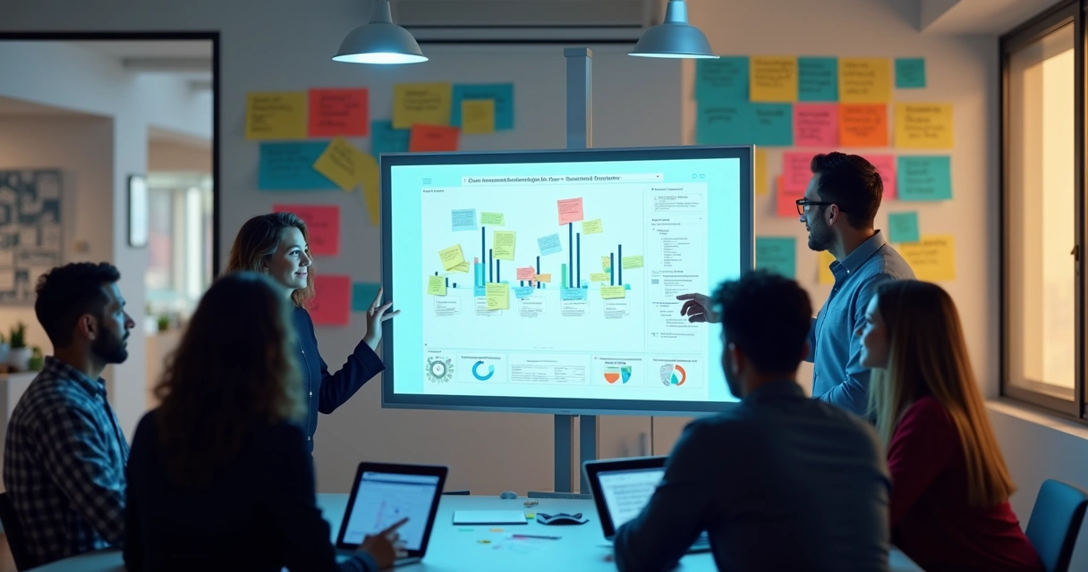 Equipe revisando um dashboard de atendimento digital em tela grande 