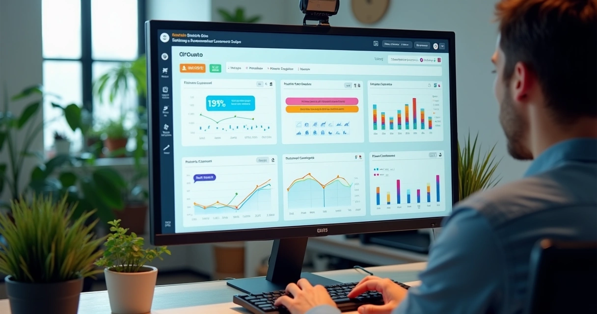 Dashboard visual de atendimento automatizado em tela de computador 