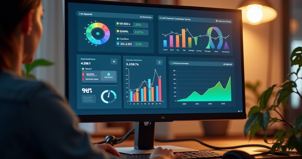 Dashboard de atendimento em tela de computador com vários gráficos coloridos