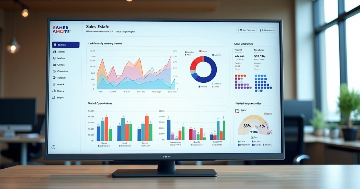 Dashboard colorido mostrando funil comercial de imobiliária, com gráficos de desempenho e análise por corretor 