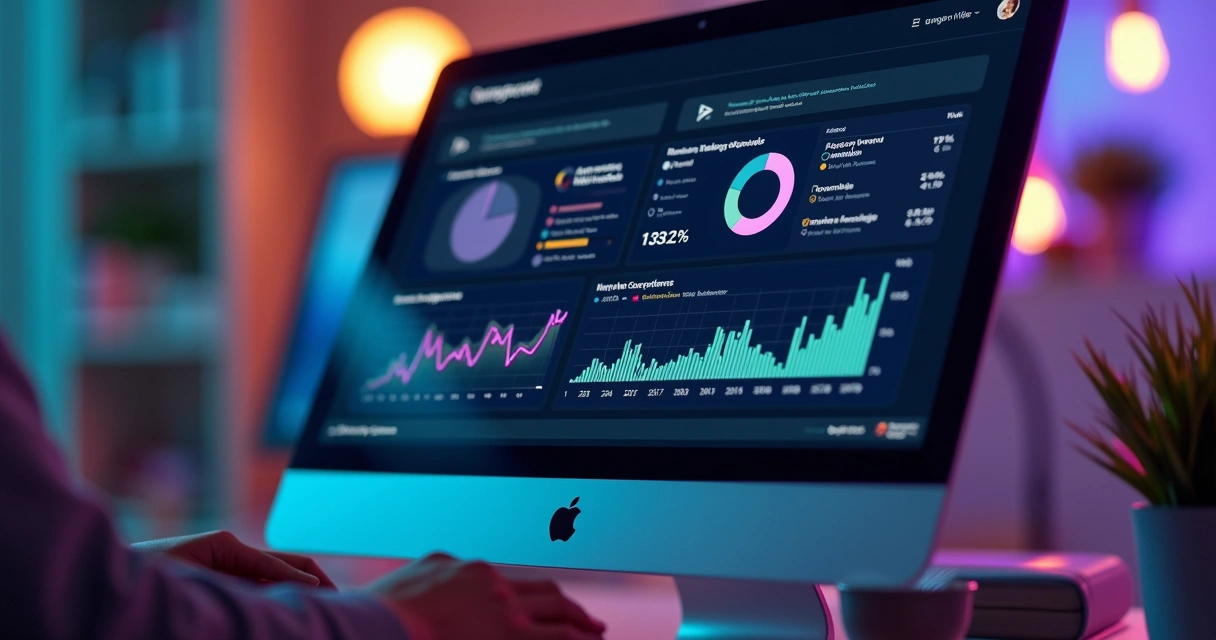 Dashboard colorido mostrando gráficos de atendimento e vendas