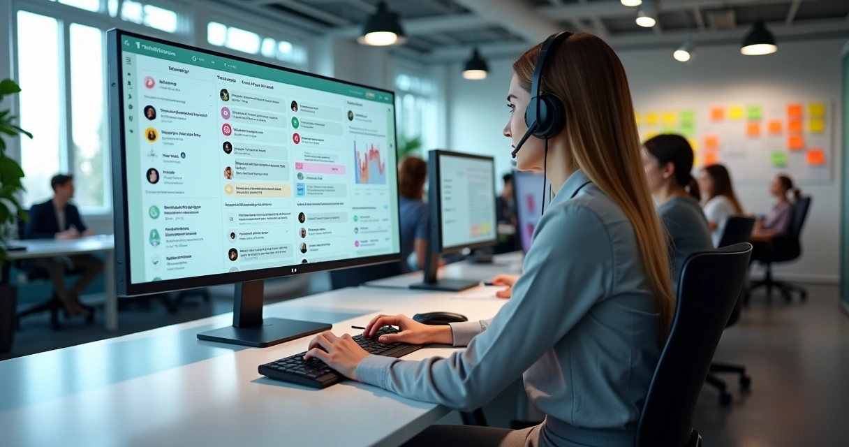 Dashboard unificado de atendimento digital com múltiplos canais e equipe usando chat interno 