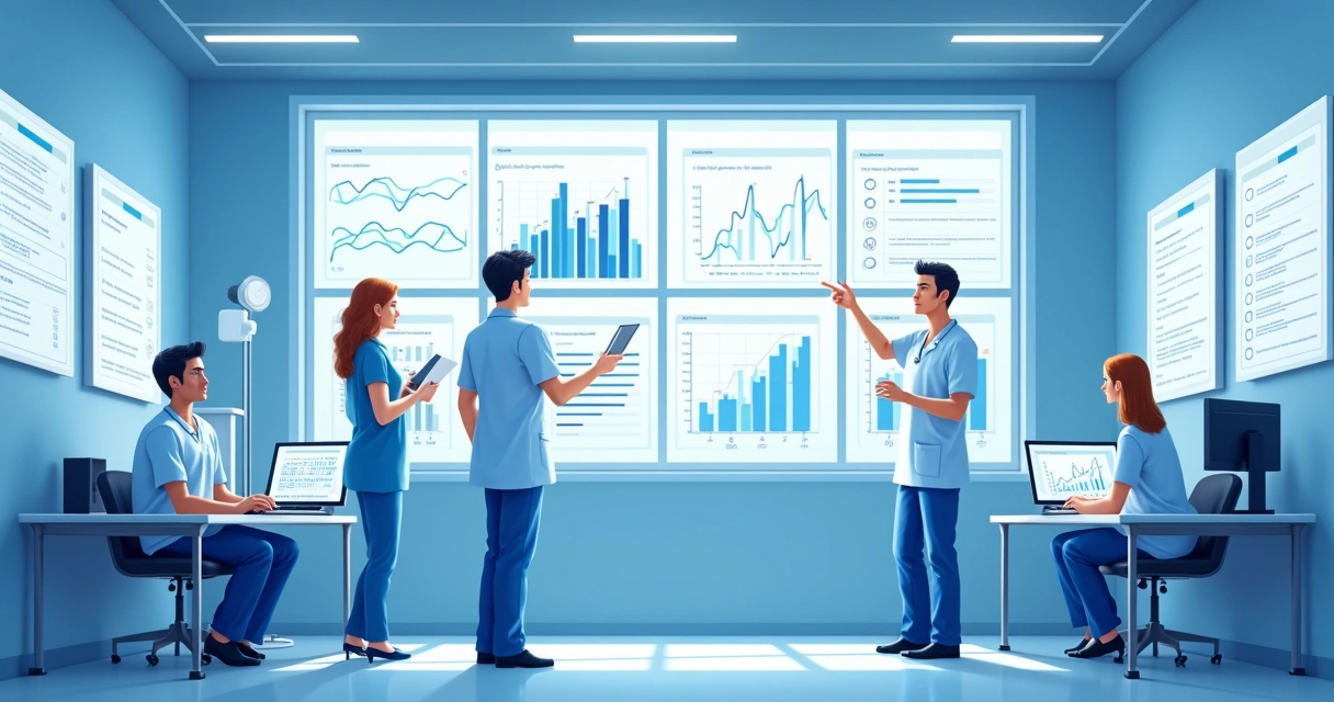 Software para Auditoria Clínica Hospitalar: Guia Prático e Avanços 1 Tela de dashboard hospitalar com gráficos de indicadores assistenciais, equipe médica analisando dados