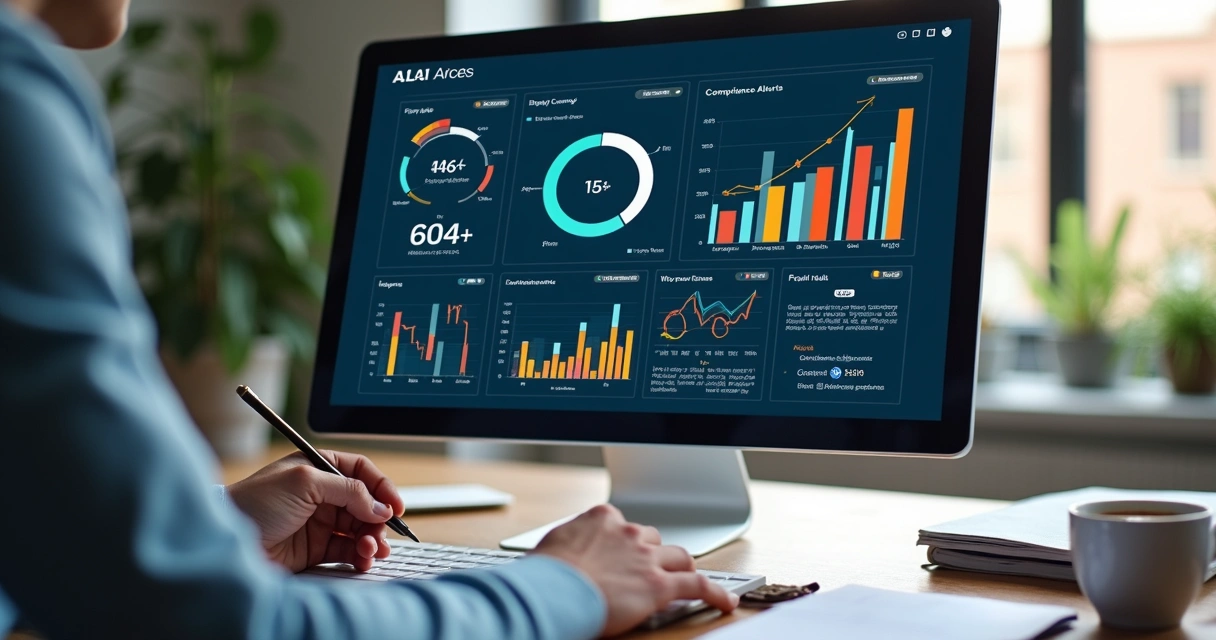 Dashboard colorido de auditoria mostrando alertas e gráficos 