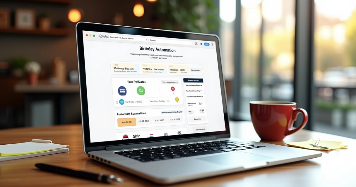 Notebook mostrando fluxo de automação de aniversário e métricas.