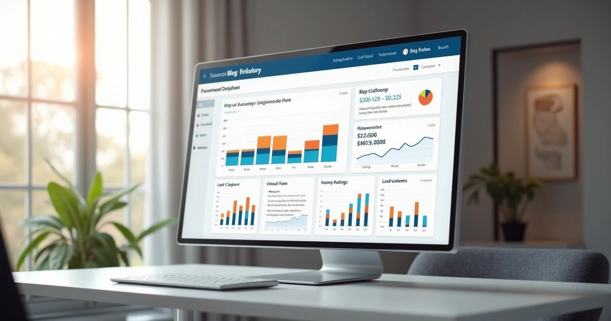 Dashboard de automação de blog profissional exibindo métricas de desempenho