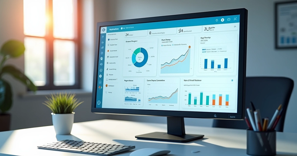 Dashboard de automação exibindo gráficos de performance em tela de computador 