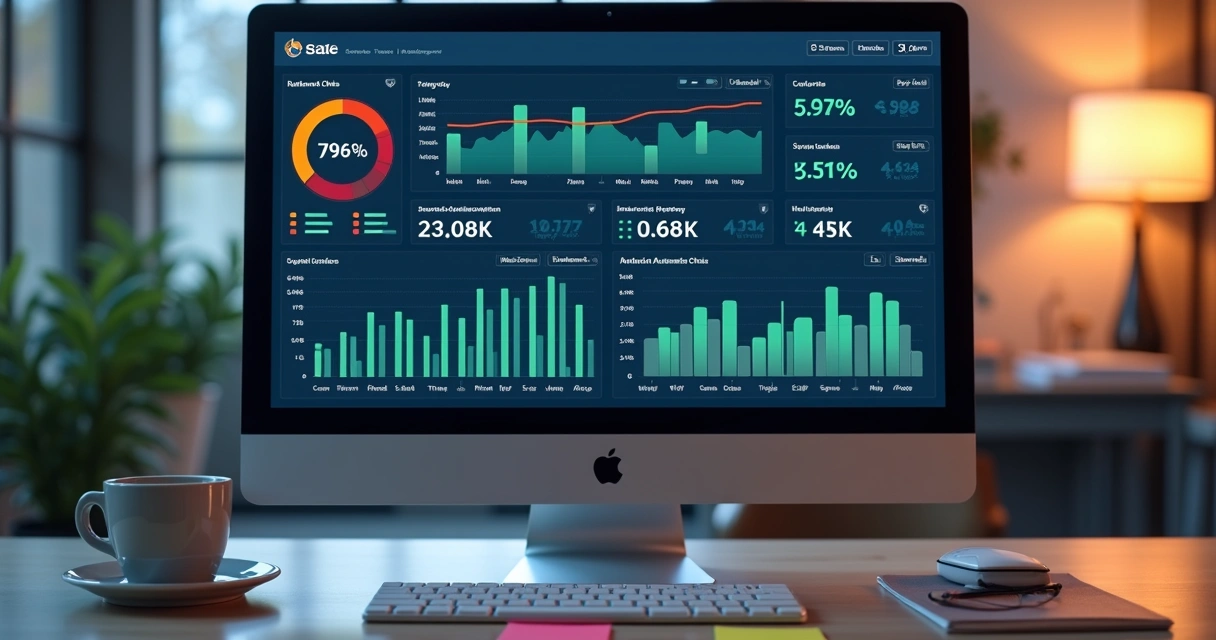 Dashboard de automação de vendas exibindo métricas em tela de computador