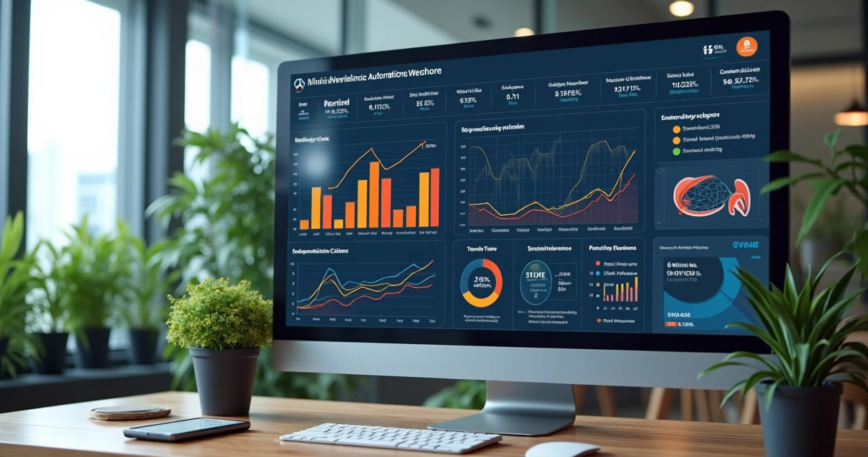 Dashboard de automação de marketing em monitor com gráficos coloridos 