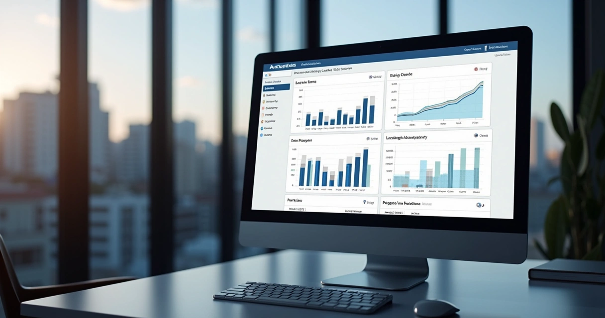 Dashboard de plataforma de blogs automatizados mostrando crescimento de visitas e relatórios 