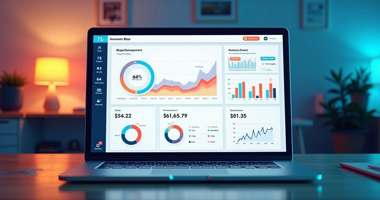 Dashboard de blog automático mostrando gráficos de desempenho. 