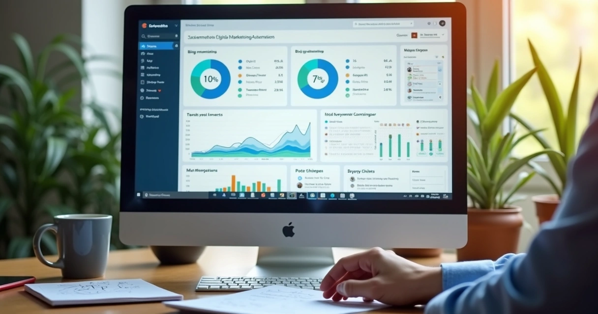 Dashboard de plataforma de marketing digital automatizada mostrando resultados de tráfego e blogs 