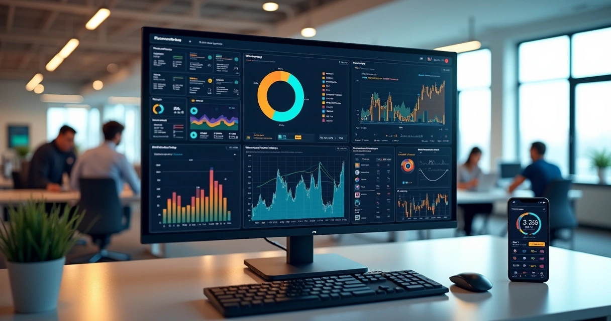 Tela de computador exibindo dashboard automático com gráficos coloridos, dados em tempo real e integração entre sistemas 