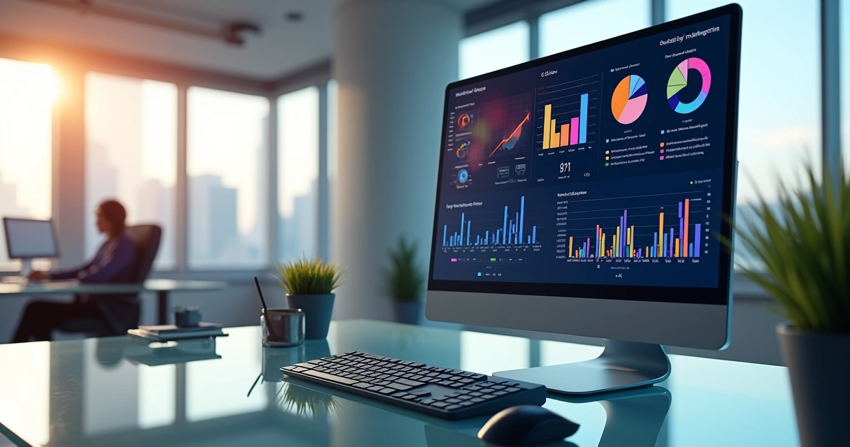 Dashboard de operações automatizadas com gráficos coloridos em tela. 