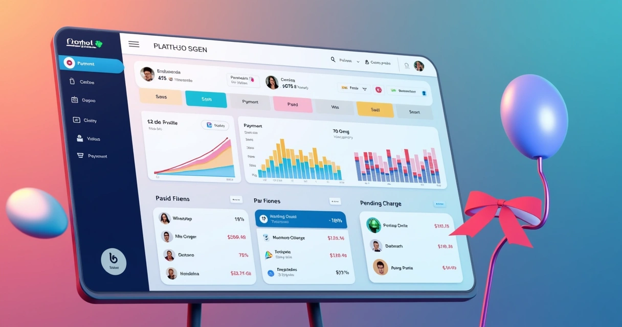 Dashboard de automação financeira com gráficos coloridos e listas de cobranças pagas e pendentes