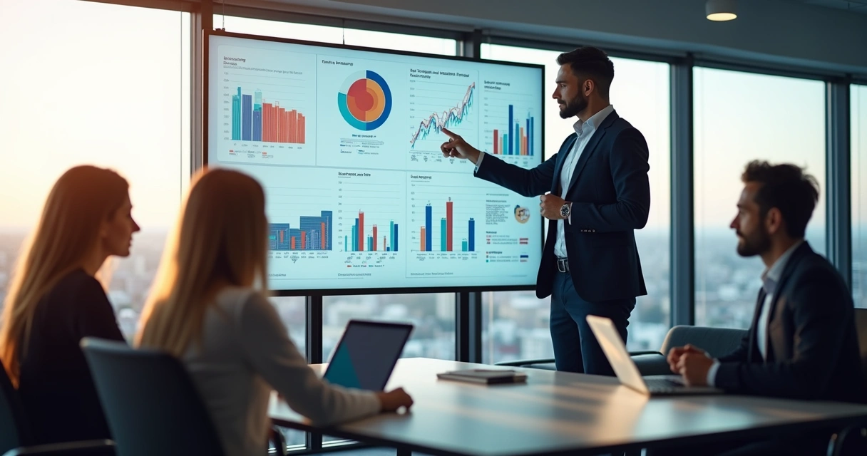 Dashboard de avaliação de desempenho imobiliário com gráficos coloridos em tela grande 