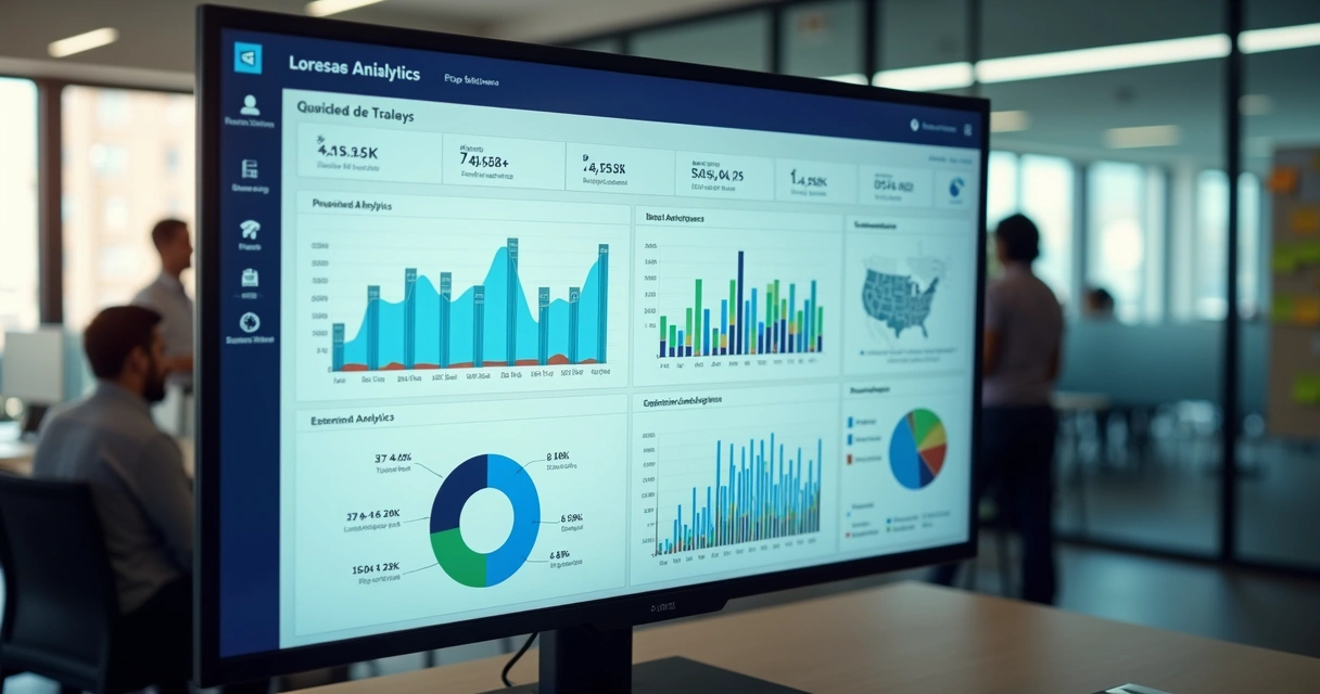 Dashboard analítico avançado exibindo gráficos e tabelas coloridas em tela de computador