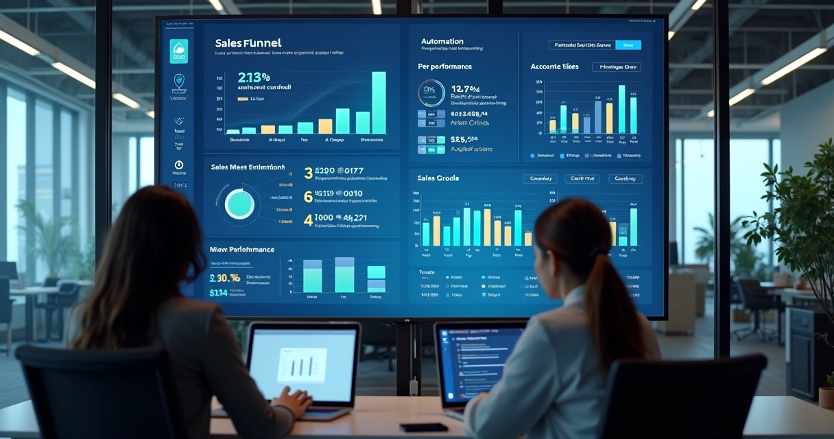 Dashboard digital com gráficos de vendas e automações em ambiente empresarial B2B