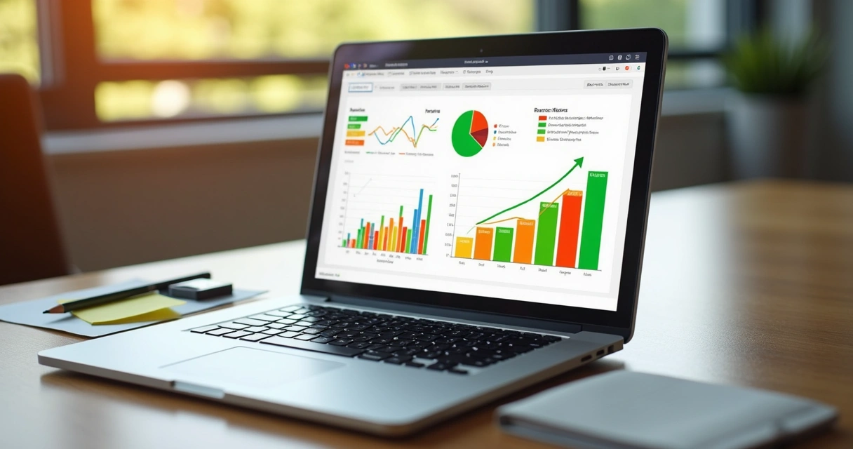 Dashboard colorido de benchmarking de vendas B2B em tela de notebook 