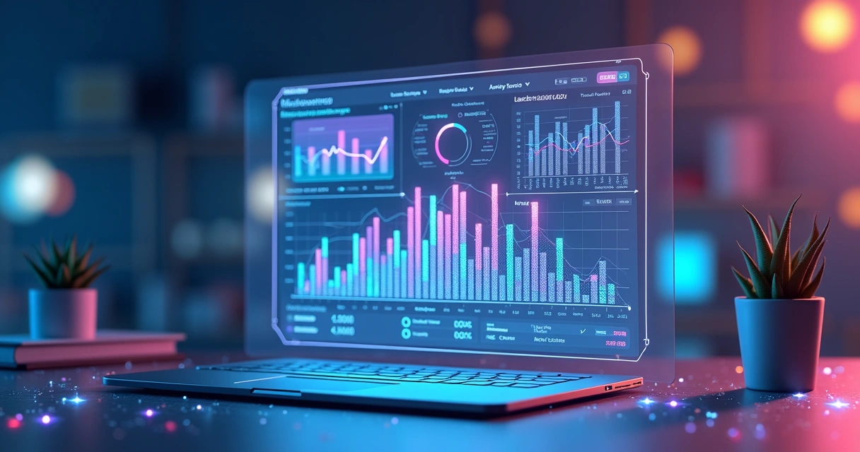Modelo 3D de dashboard digital exibindo gráficos de vendas, margens e indicadores financeiros em tela holográfica colorida
