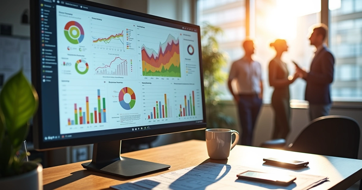 Painel interativo de BI com gráficos coloridos em tela de computador 