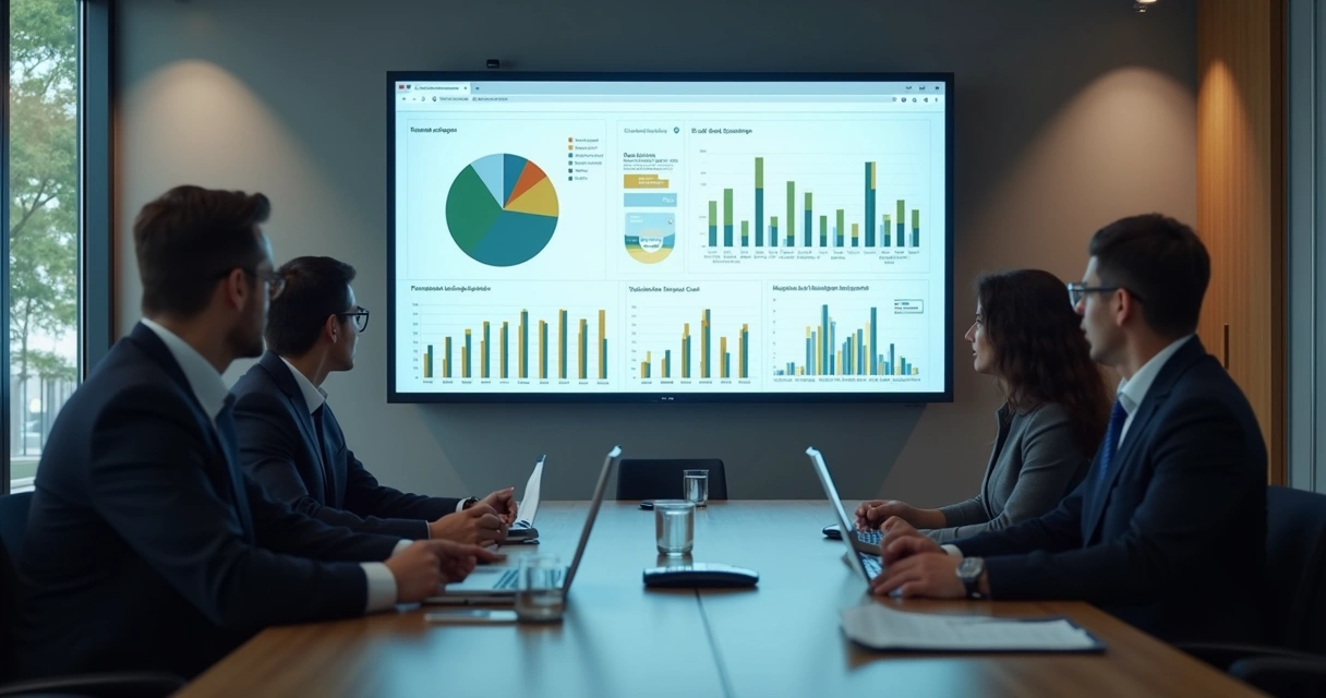 Dashboard tradicional de BI sendo analisado por equipe de negócios 