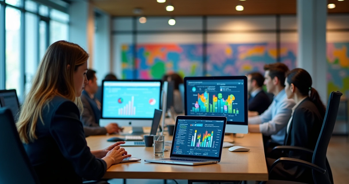 Dashboard de BI colorido em tela de notebook em escritório paulista 