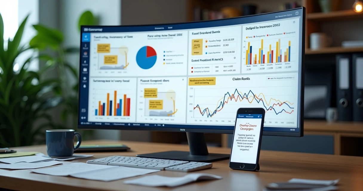 Dashboard de BI com gráficos de estoque e alertas em um monitor sobre uma mesa de escritório 