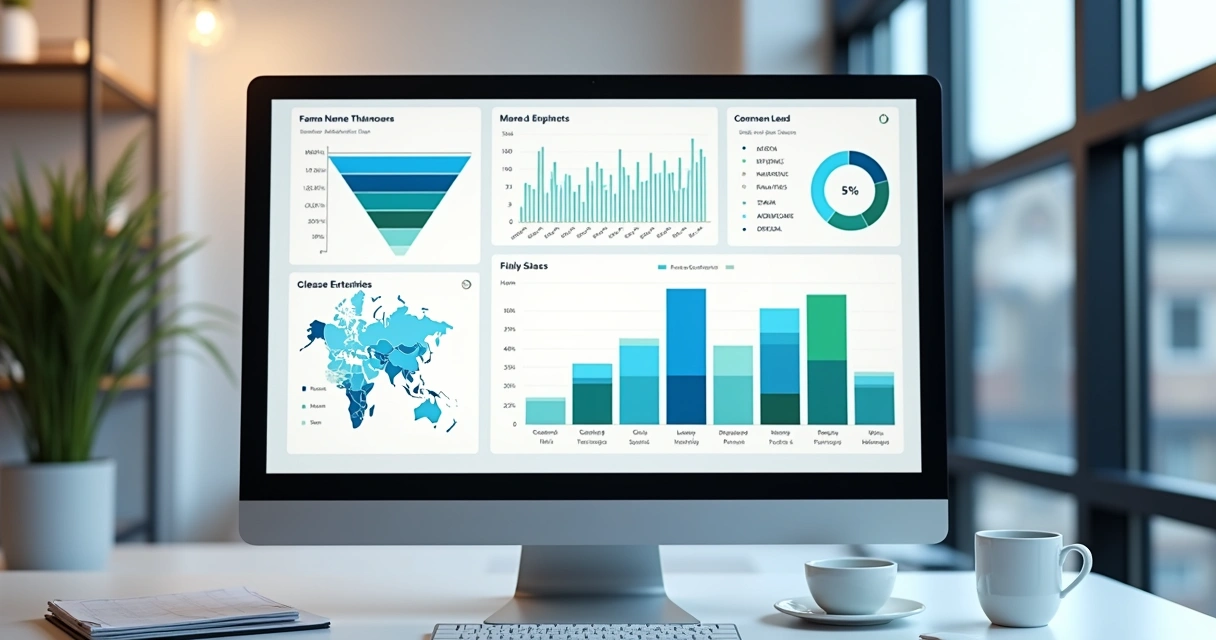 Dashboard imobiliário exibindo gráficos de funil de vendas e mapa de calor de leads 