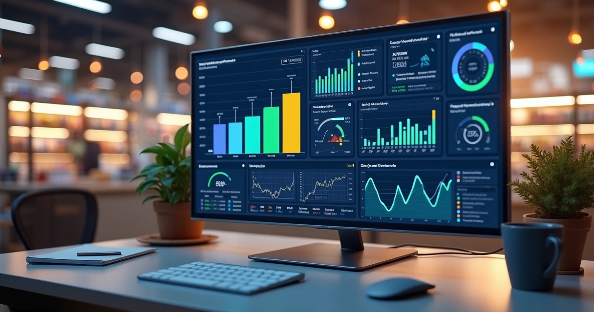 Dashboard de business intelligence com gráficos de vendas em loja de varejo. 