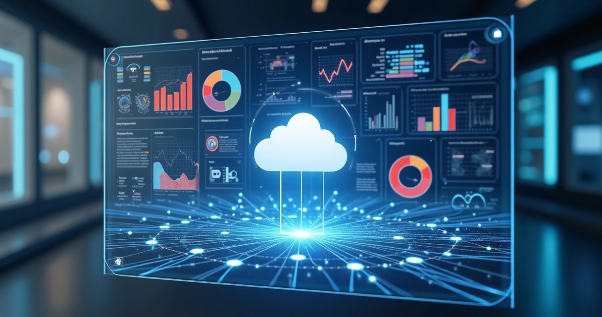Dashboard BI em tela digital, gráficos coloridos conectados à nuvem central 