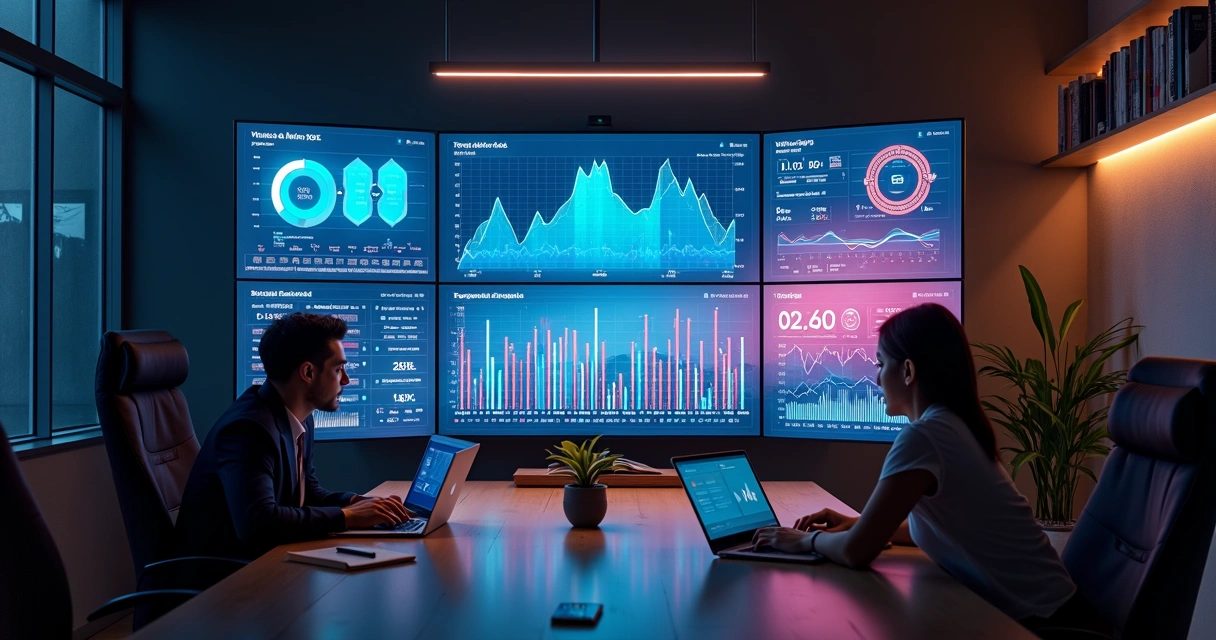 Dashboard colorido em grande tela com gráficos em tempo real 