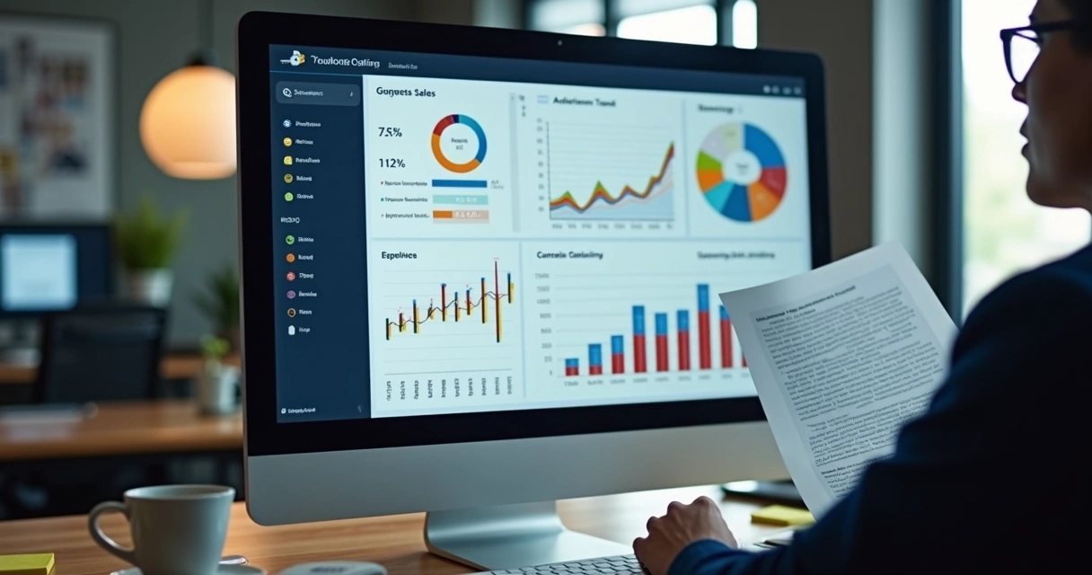 Dashboard BI com gráficos de vendas em tela de computador 