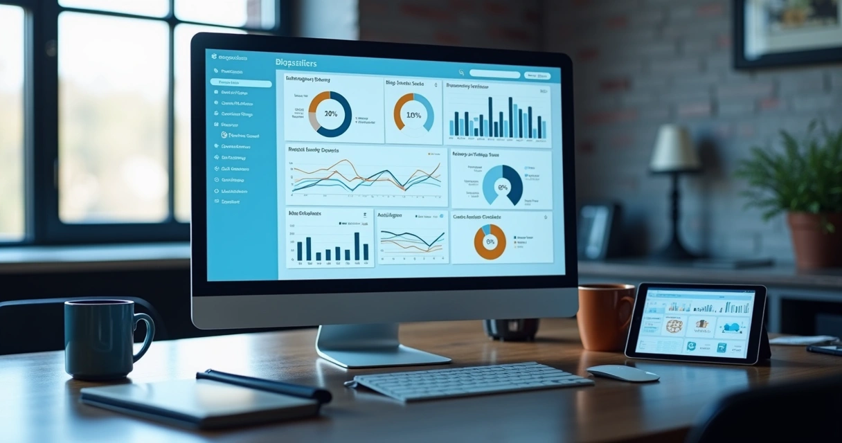 Dashboard de blog automático mostrando gráficos de desempenho 