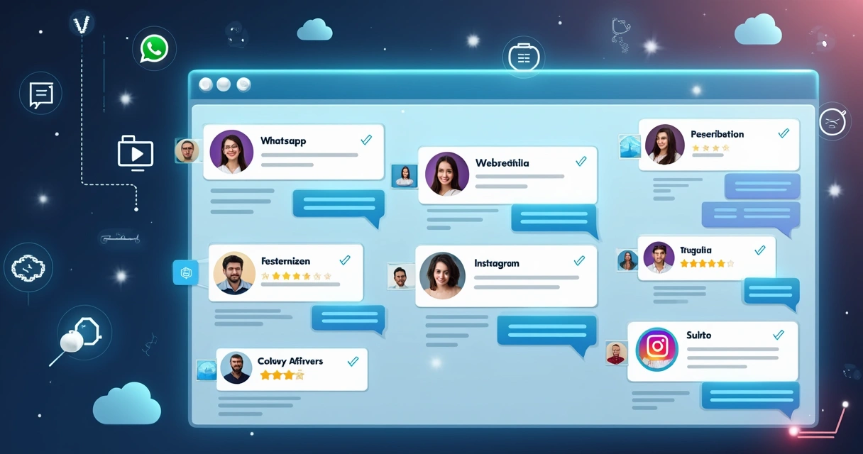 Interface de dashboard digital mostrando atendimentos integrados do WhatsApp e Instagram 