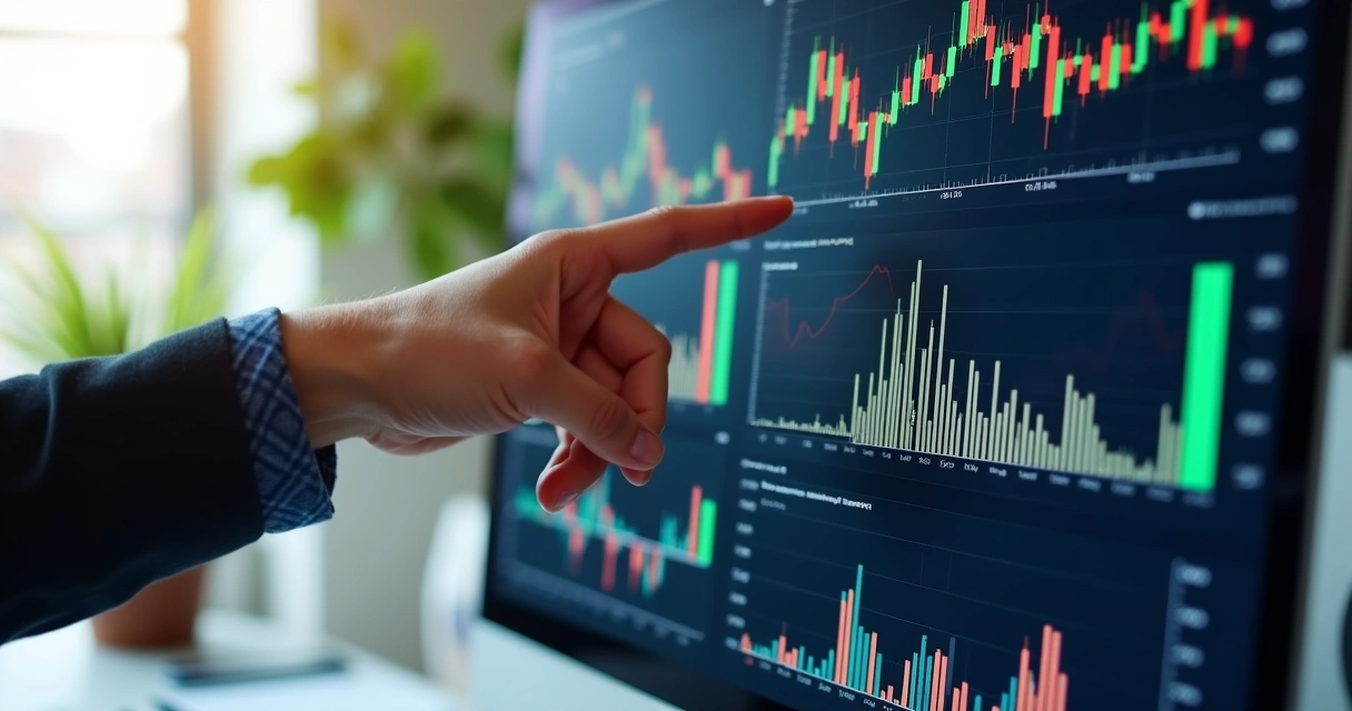 Dashboard digital com gráficos financeiros em tela de computador 