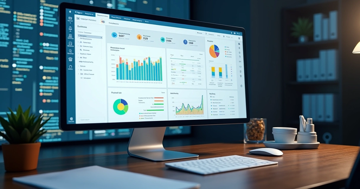 Painel financeiro digital no computador com gráficos e tarefas em destaque 