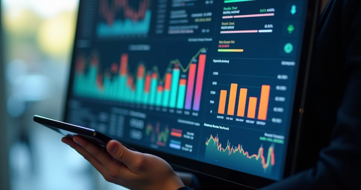 Tela de dashboard financeiro digital com gráficos e indicadores visíveis 