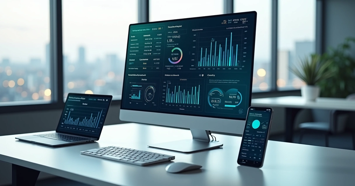 Dashboard financeiro com gráficos e análise por IA em tela de notebook em ambiente corporativo 