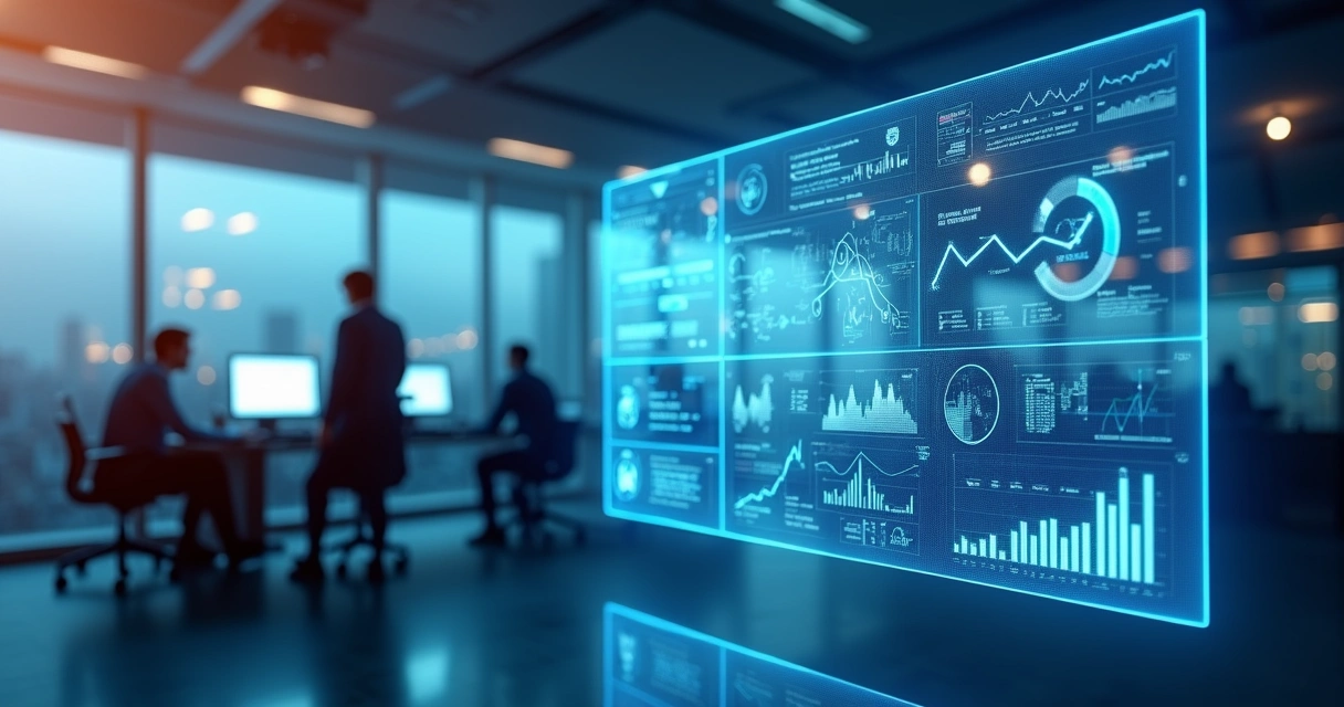 Dashboard de Business Intelligence com gráficos de desempenho e luzes azuis em ambiente corporativo 