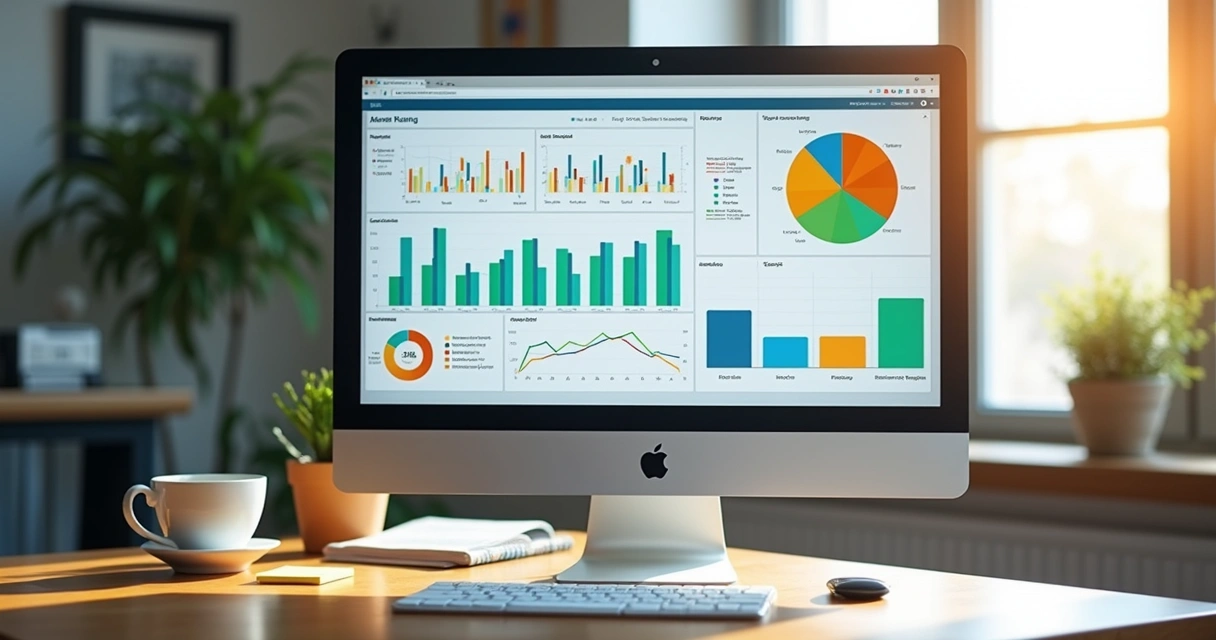 Dashboard colorido mostrando gráficos de resultados 